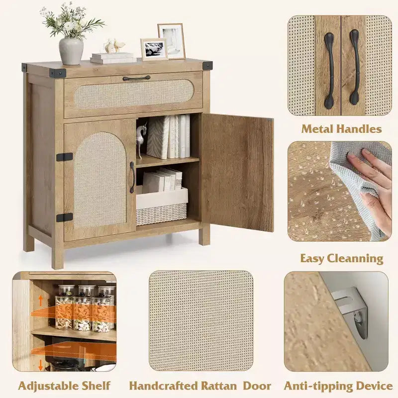 Rattan Sideboard Cabinet with Drawer and Adjustable Shelves