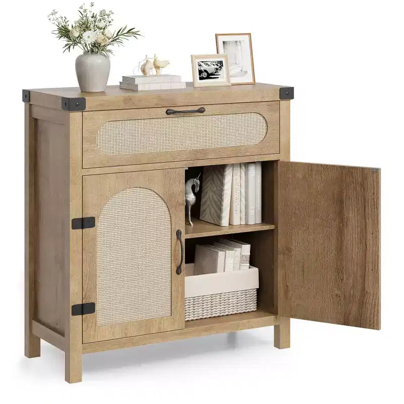 Rattan Sideboard Cabinet with Drawer and Adjustable Shelves