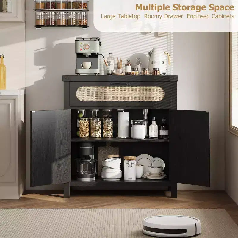 Rattan Sideboard Cabinet with Drawer and Adjustable Shelves