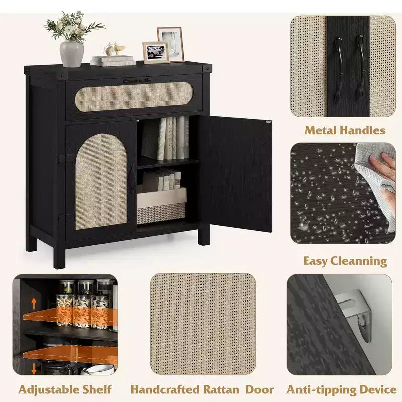 Rattan Sideboard Cabinet with Drawer and Adjustable Shelves