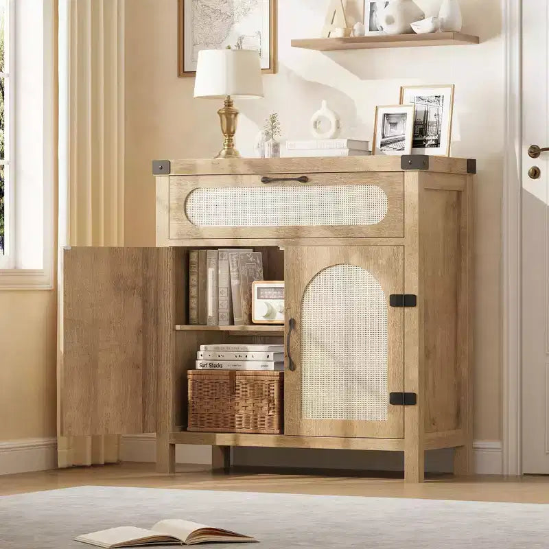 Rattan Sideboard Cabinet with Drawer and Adjustable Shelves