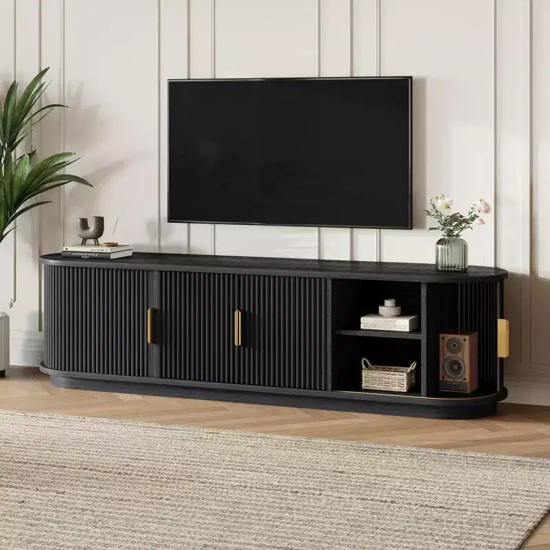 66-Inch Wood TV Stand with Sliding Doors and Cable Management