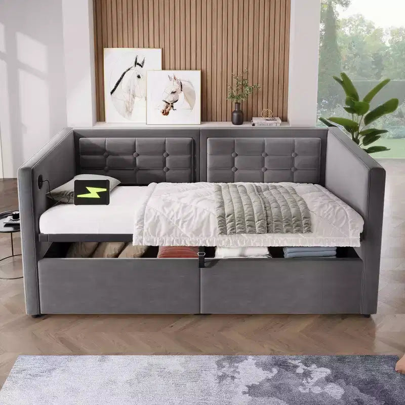 Divano letto singolo con contenitore idraulico e schienale in velluto capitonné