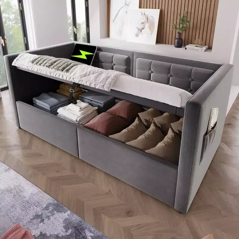 Divano letto singolo con contenitore idraulico e schienale in velluto capitonné
