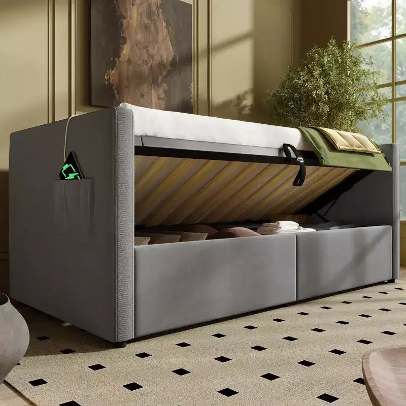 Divano letto singolo con contenitore idraulico e schienale in velluto capitonné