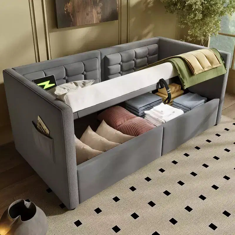 Divano letto singolo con contenitore idraulico e schienale in velluto capitonné