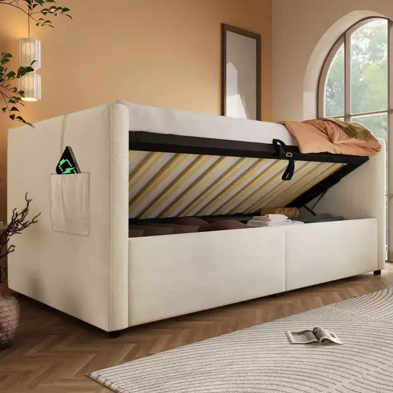 Divano letto singolo con contenitore idraulico e schienale in velluto capitonné