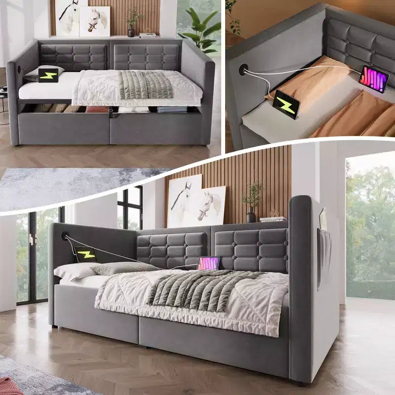 Twin Hydraulic Storage Daybed with Tufted Velvet Back