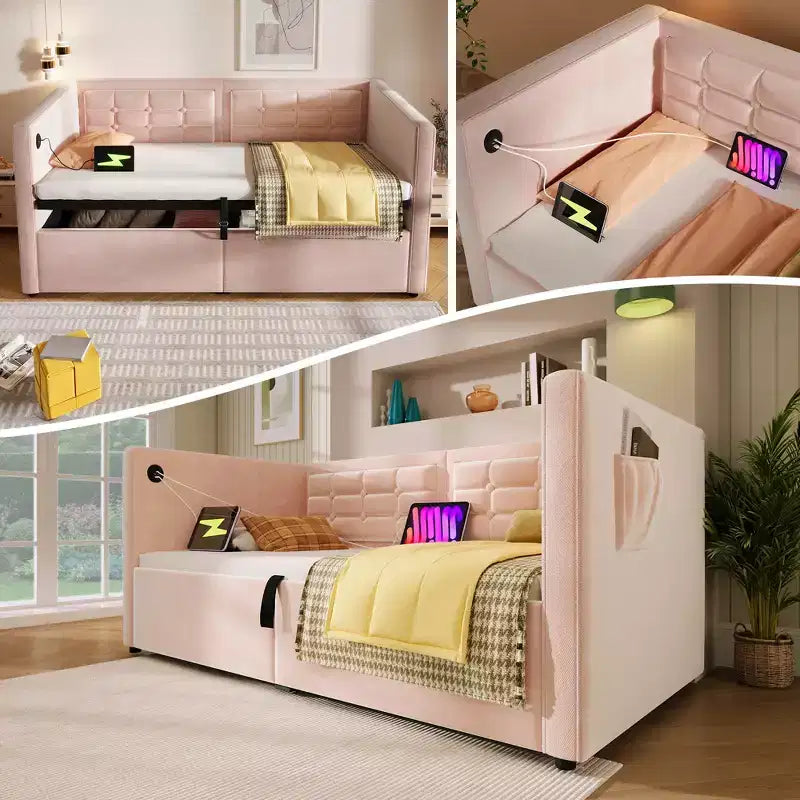 Twin Hydraulic Storage Daybed with Tufted Velvet Back