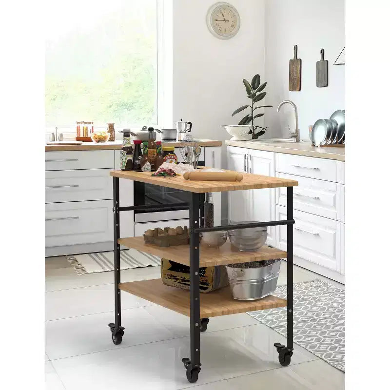 Height-Adjustable 3-Shelf Food Prep Table with Bamboo Top
