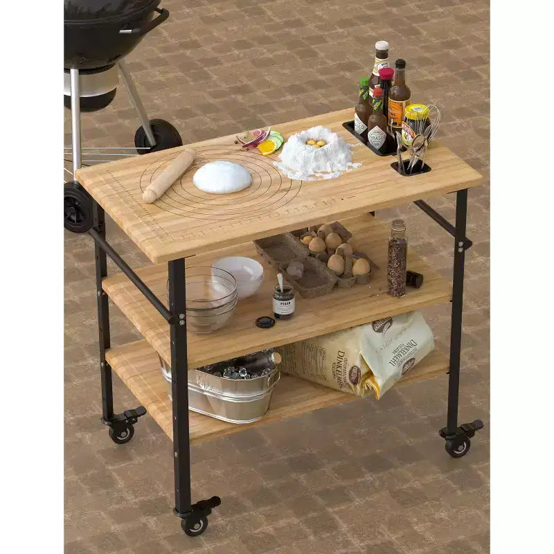 Height-Adjustable 3-Shelf Food Prep Table with Bamboo Top