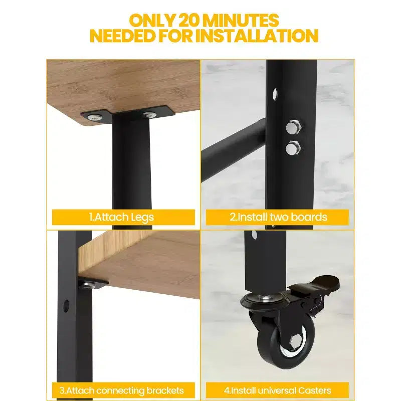 Height-Adjustable 3-Shelf Food Prep Table with Bamboo Top