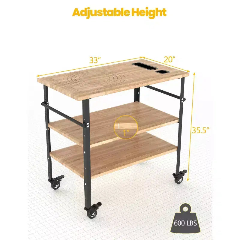 Height-Adjustable 3-Shelf Food Prep Table with Bamboo Top