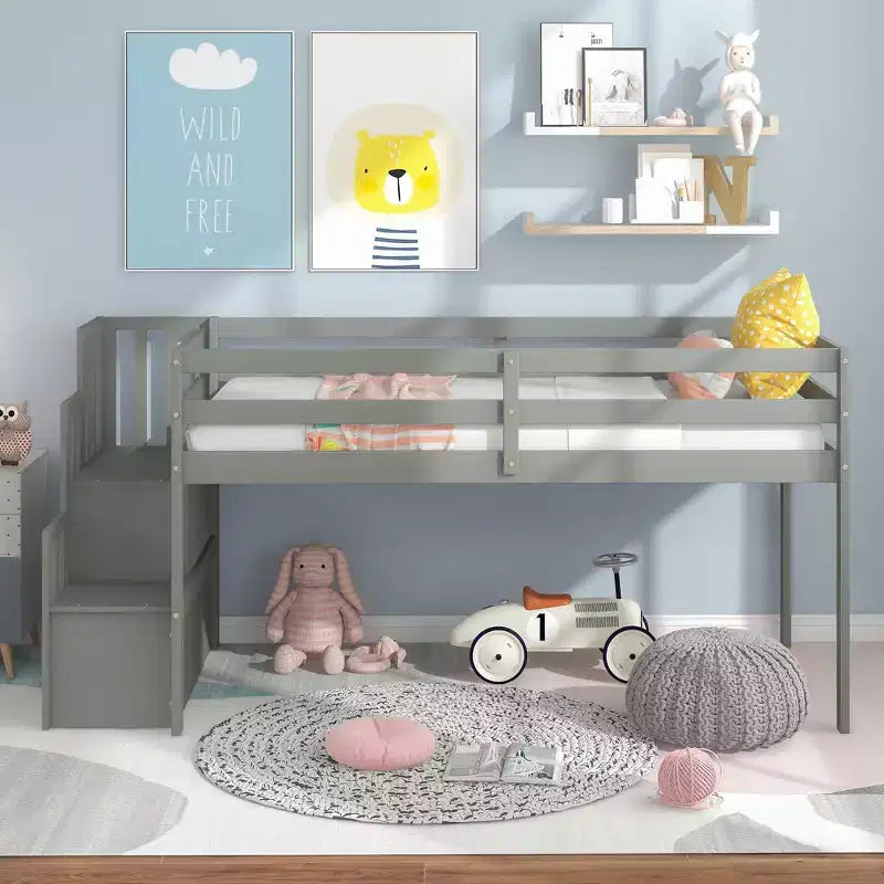 Twin Loft Bed with Built-In Staircase and Storage Steps