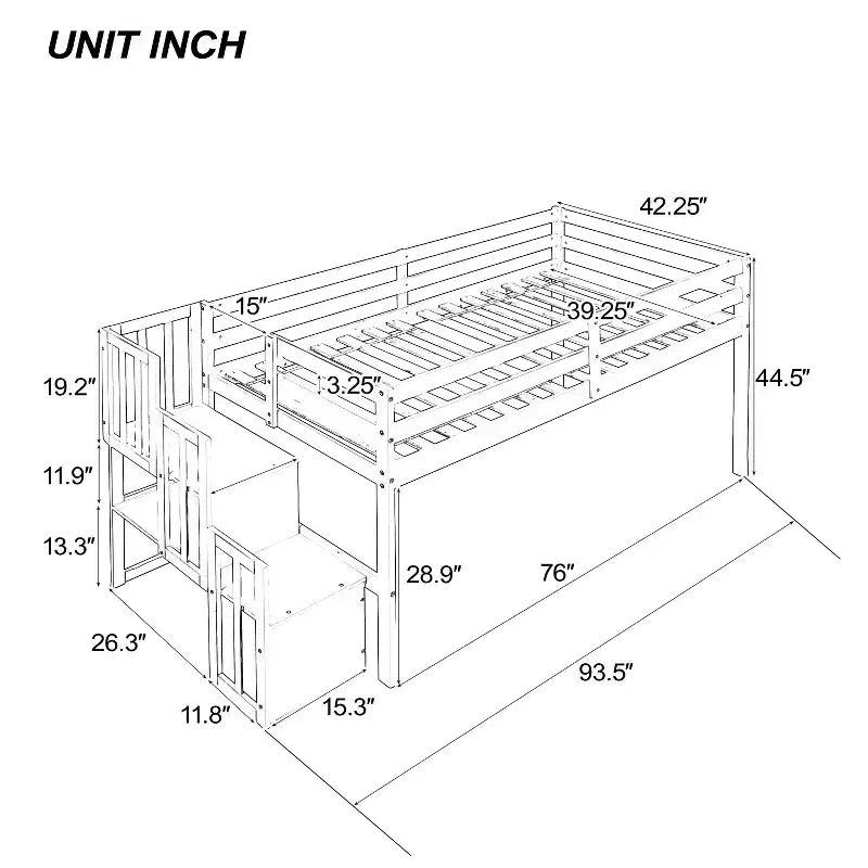 Twin Loft Bed with Built-In Staircase and Storage Steps