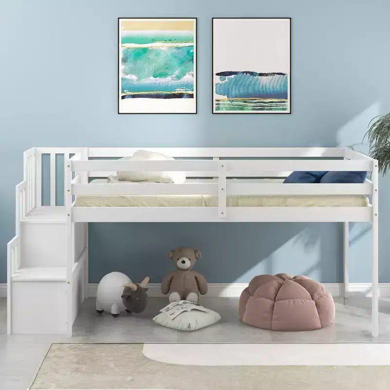 Twin Loft Bed with Built-In Staircase and Storage Steps
