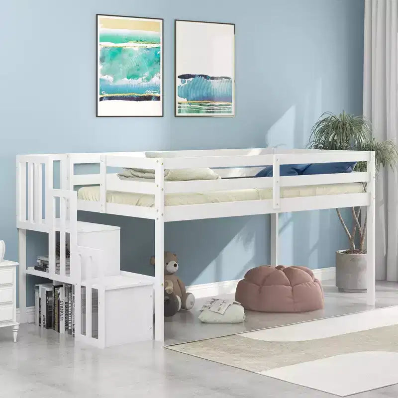 Twin Loft Bed with Built-In Staircase and Storage Steps