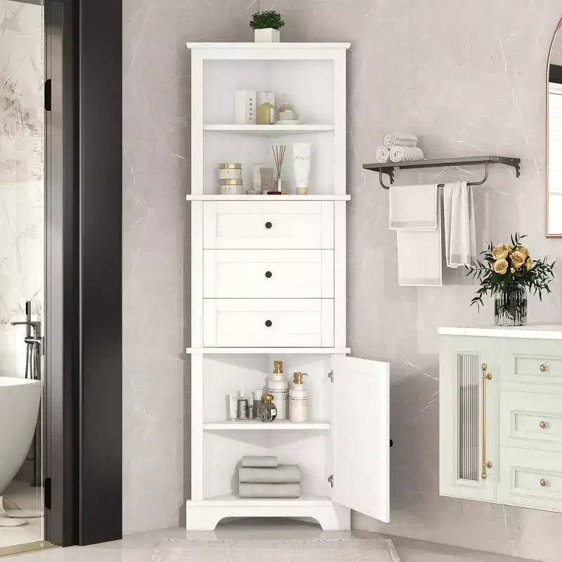 Triangular Corner Cabinet with Drawers and Adjustable Shelves