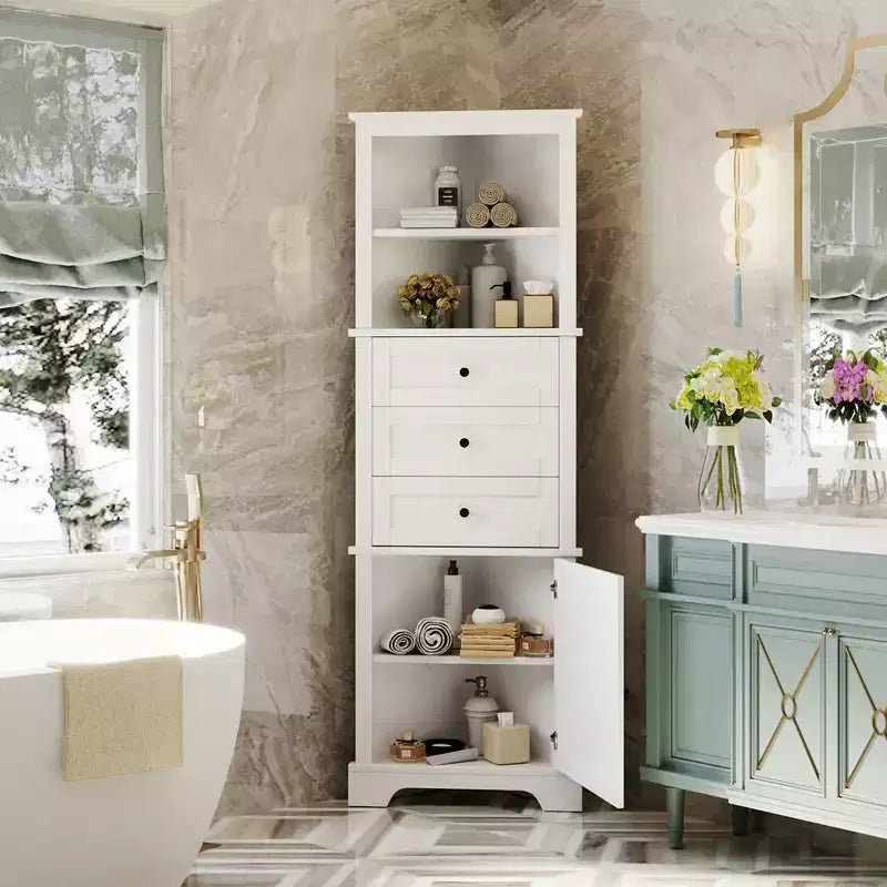 Triangular Corner Cabinet with Drawers and Adjustable Shelves