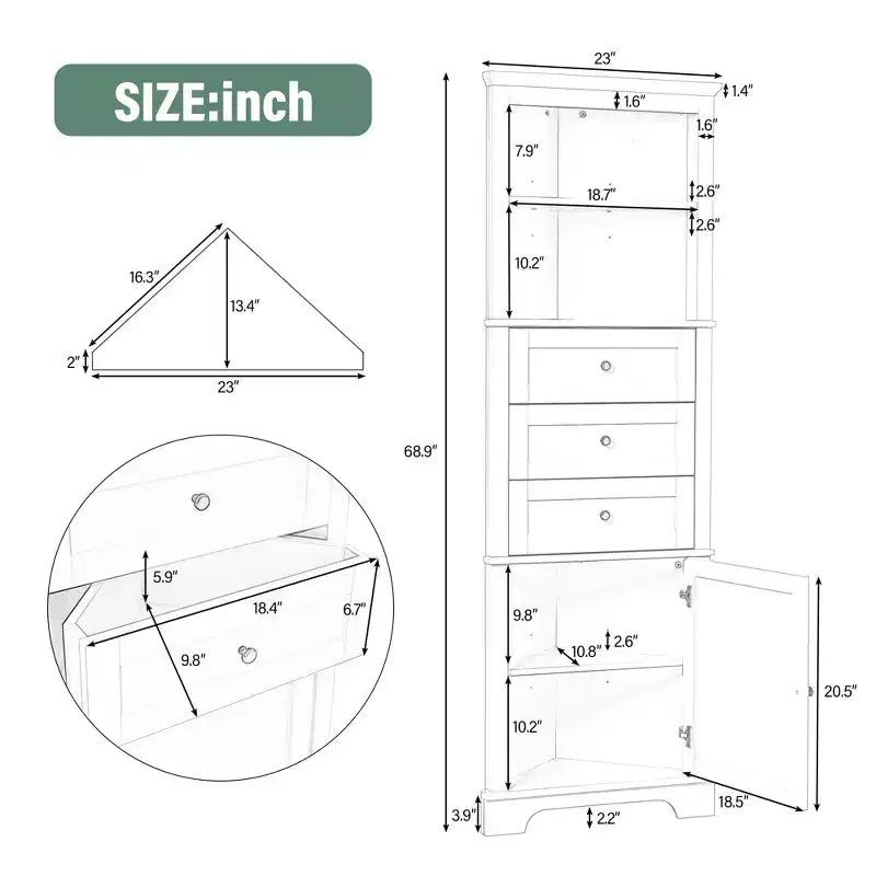 Triangular Corner Cabinet with Drawers and Adjustable Shelves