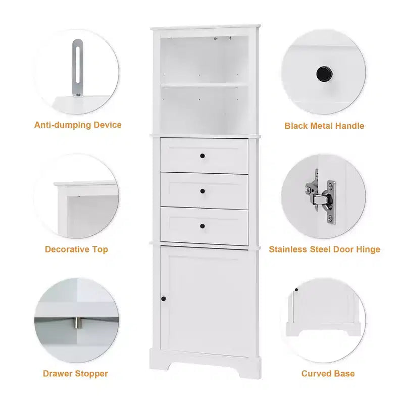 Triangular Corner Cabinet with Drawers and Adjustable Shelves