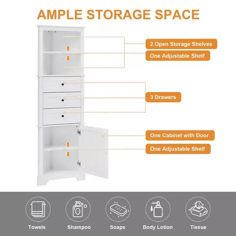 Triangular Corner Cabinet with Drawers and Adjustable Shelves