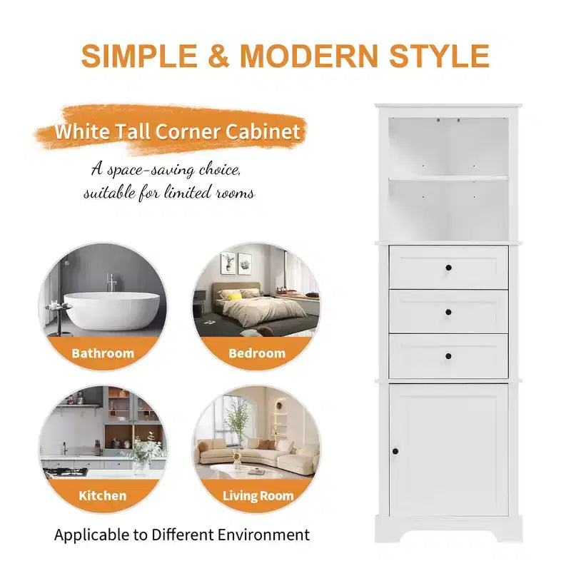 Triangular Corner Cabinet with Drawers and Adjustable Shelves