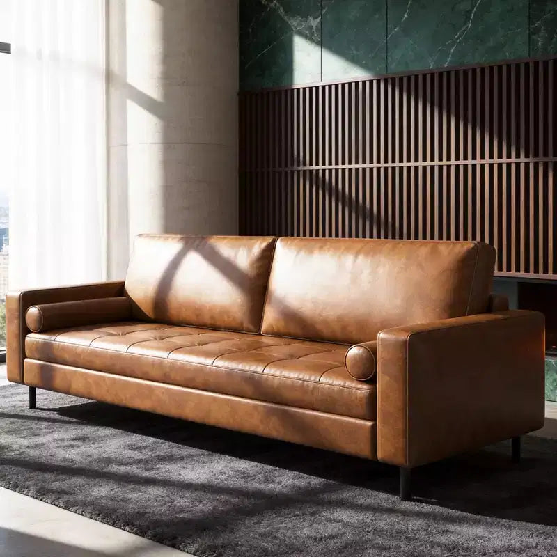 3-Seat Faux Leather Sofa with Tufted Cushions and Bolster Pillows