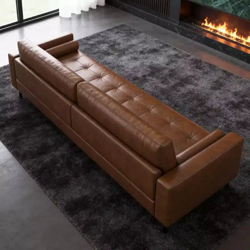 3-Seat Faux Leather Sofa with Tufted Cushions and Bolster Pillows