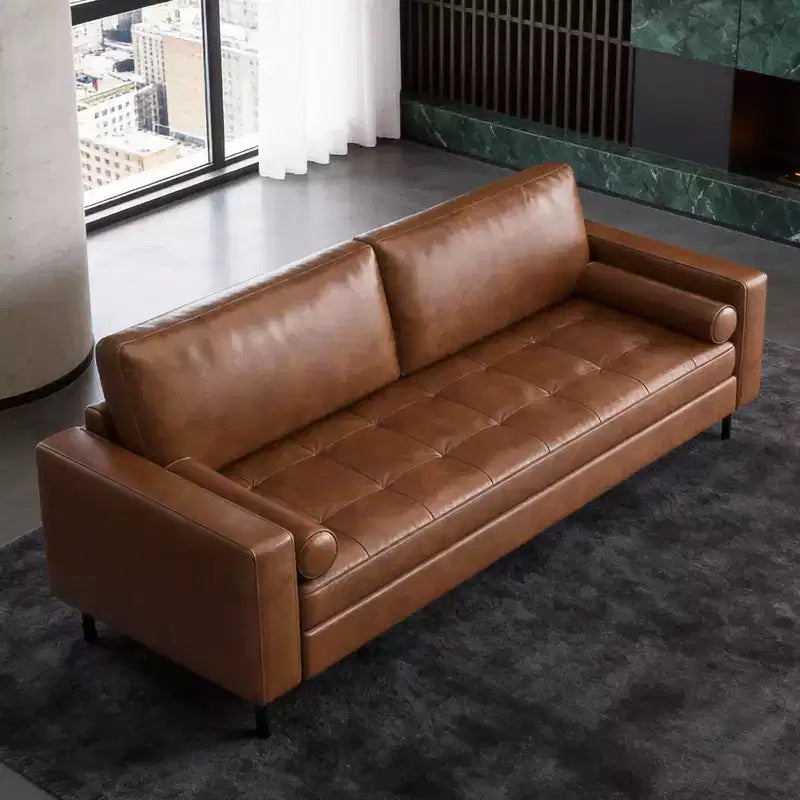 3-Seat Faux Leather Sofa with Tufted Cushions and Bolster Pillows