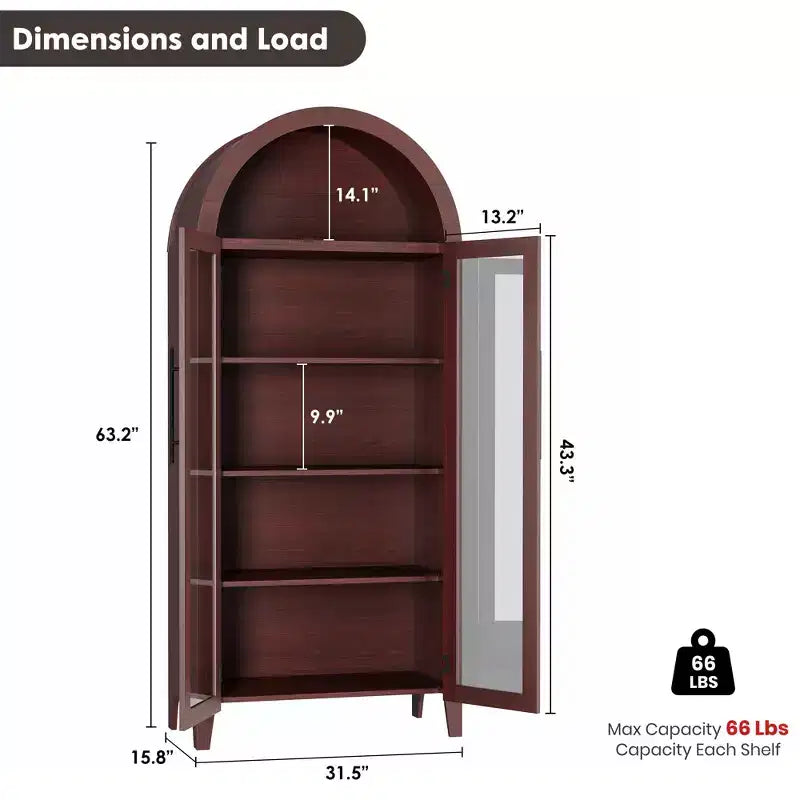 Arched Display Cabinet with Glass Doors and Adjustable Shelves