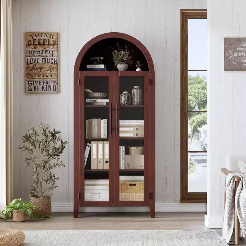 Arched Display Cabinet with Glass Doors and Adjustable Shelves