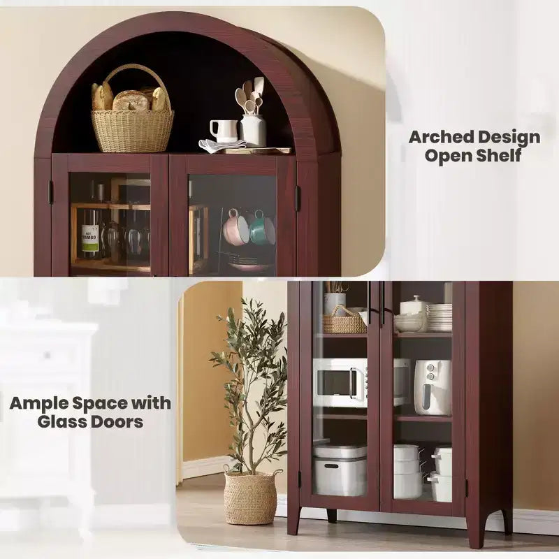 Arched Display Cabinet with Glass Doors and Adjustable Shelves