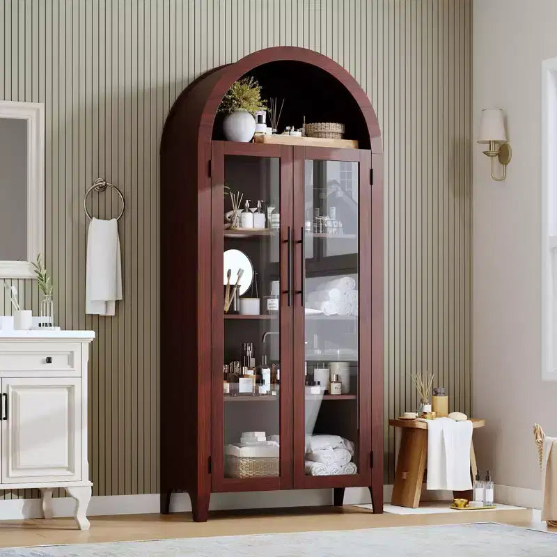 Arched Display Cabinet with Glass Doors and Adjustable Shelves