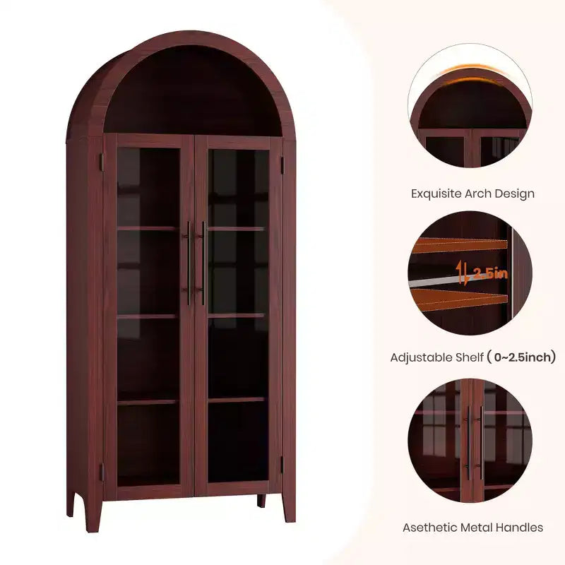 Arched Display Cabinet with Glass Doors and Adjustable Shelves