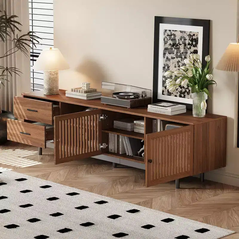 78-Inch Wood TV Stand with Slatted Doors and Deep Drawers