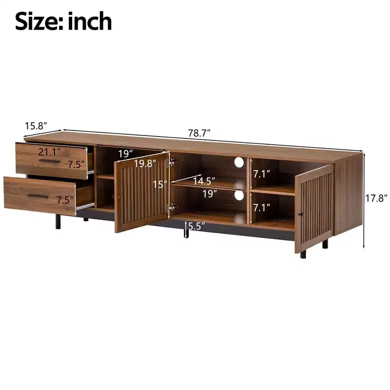 78-Inch Wood TV Stand with Slatted Doors and Deep Drawers