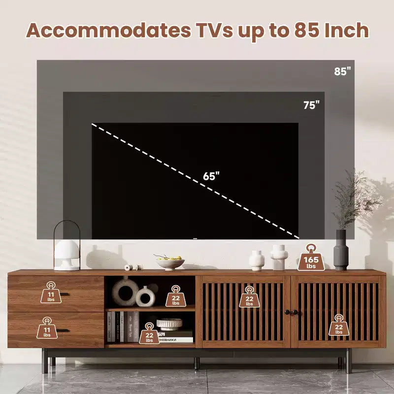 78-Inch Wood TV Stand with Slatted Doors and Deep Drawers