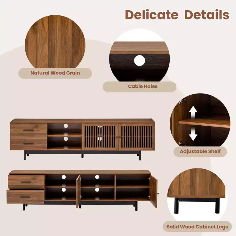 78-Inch Wood TV Stand with Slatted Doors and Deep Drawers