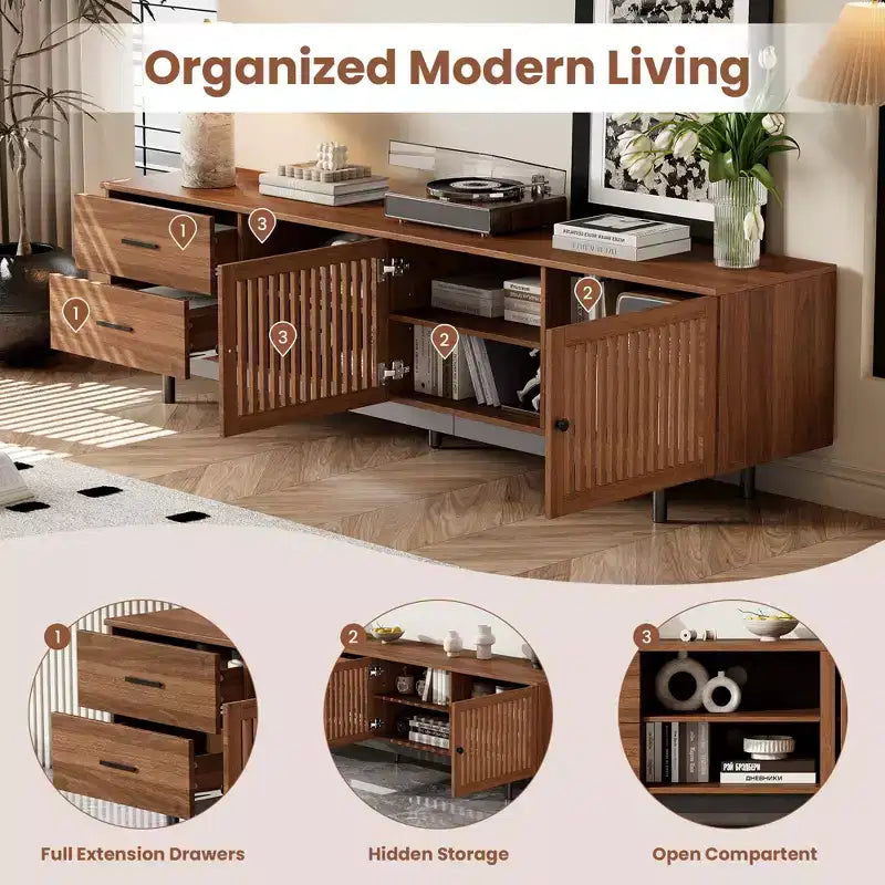 78-Inch Wood TV Stand with Slatted Doors and Deep Drawers
