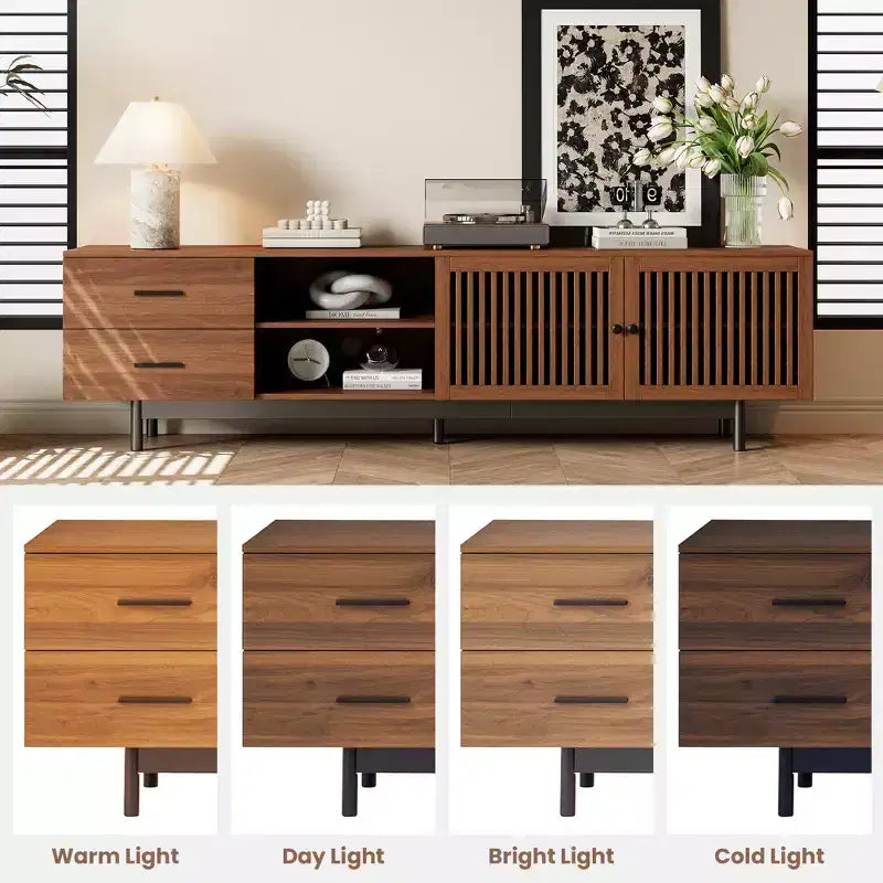 78-Inch Wood TV Stand with Slatted Doors and Deep Drawers