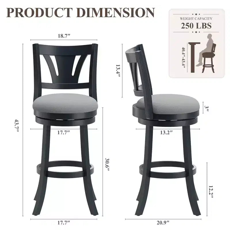 Swivel Bar Stool with Solid Wood Frame and Ergonomic Backrest