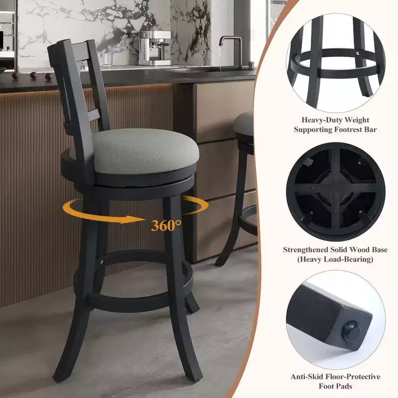 Sgabello da bar girevole con struttura in legno massello e schienale ergonomico