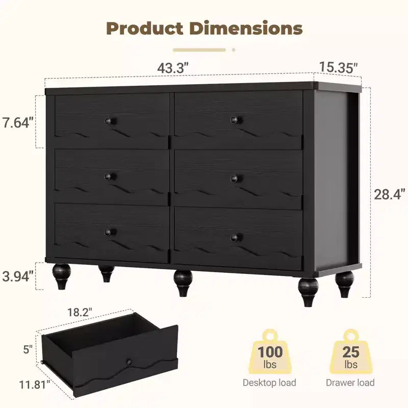 6-Drawer Dresser with Wave-Textured Fronts and Flush Design