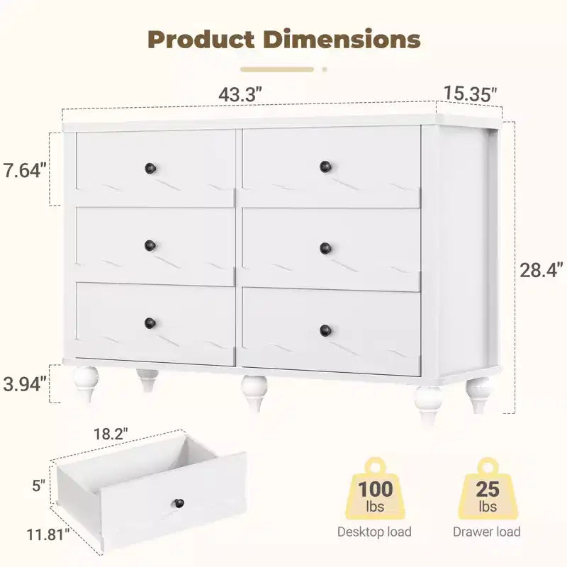 6-Drawer Dresser with Wave-Textured Fronts and Flush Design