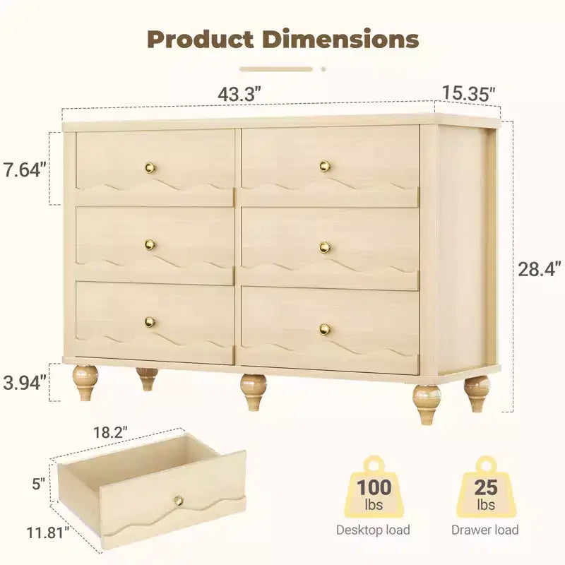 6-Drawer Dresser with Wave-Textured Fronts and Flush Design