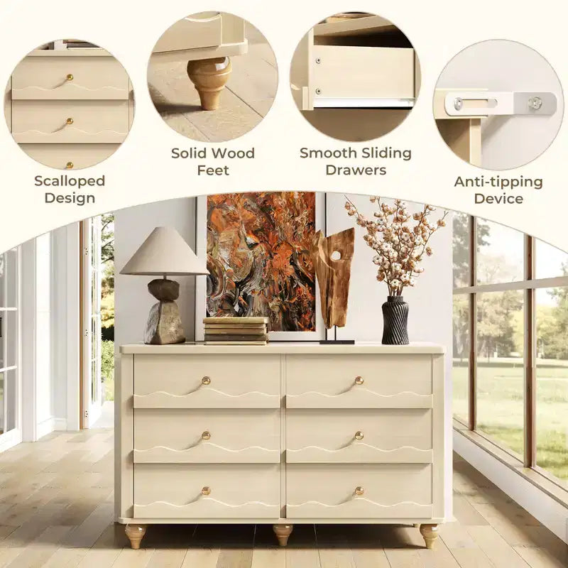 6-Drawer Dresser with Wave-Textured Fronts and Flush Design