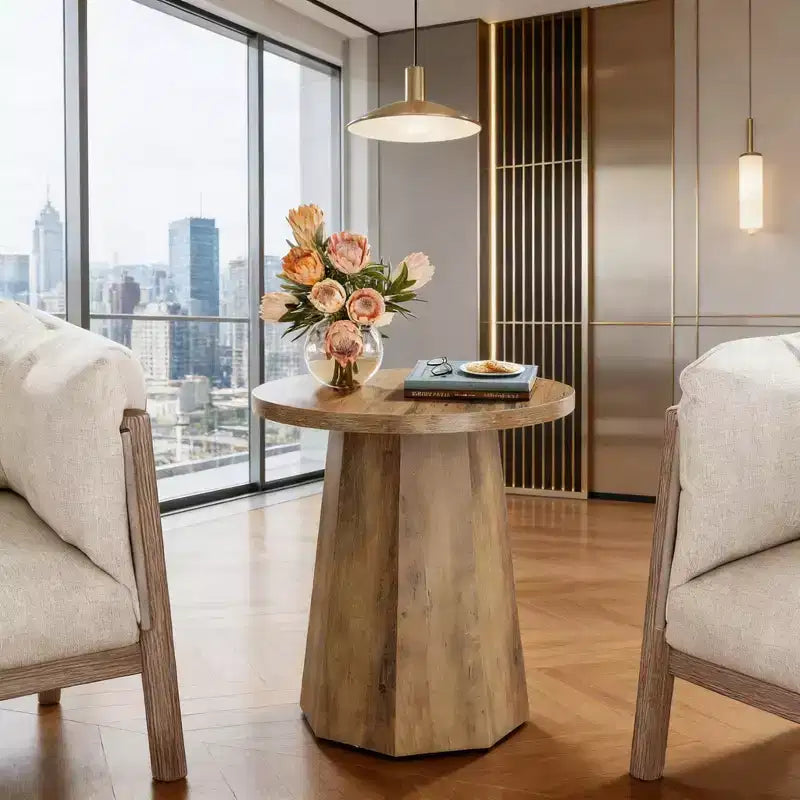 Round Wood End Table with Octagonal Base, Water-Resistant Top