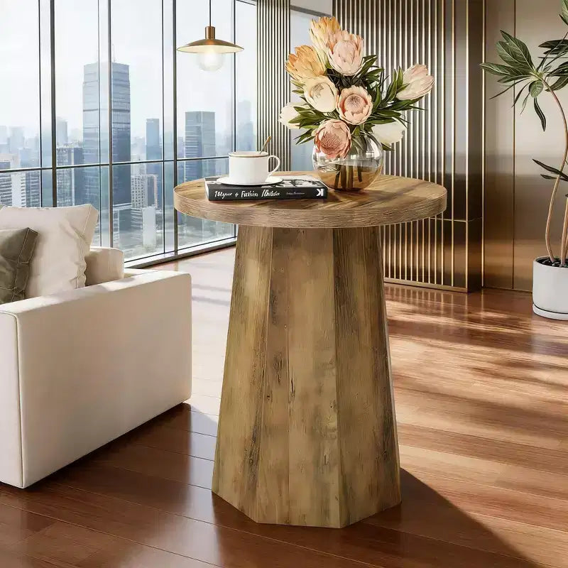 Round Wood End Table with Octagonal Base, Water-Resistant Top