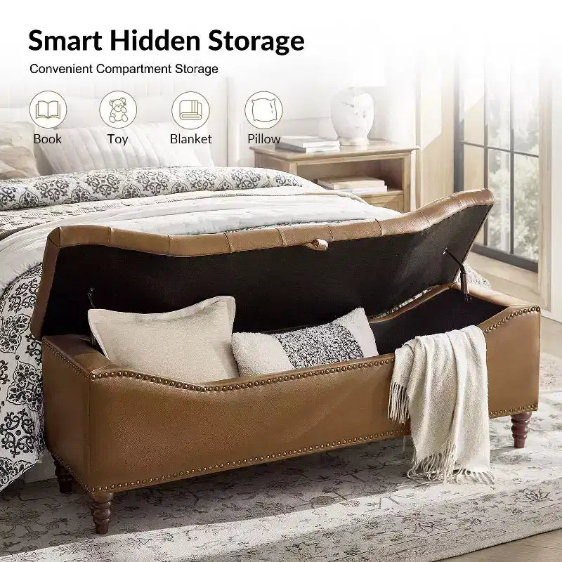 Button-Tufted Bench with Hidden Storage and Nailhead Trim